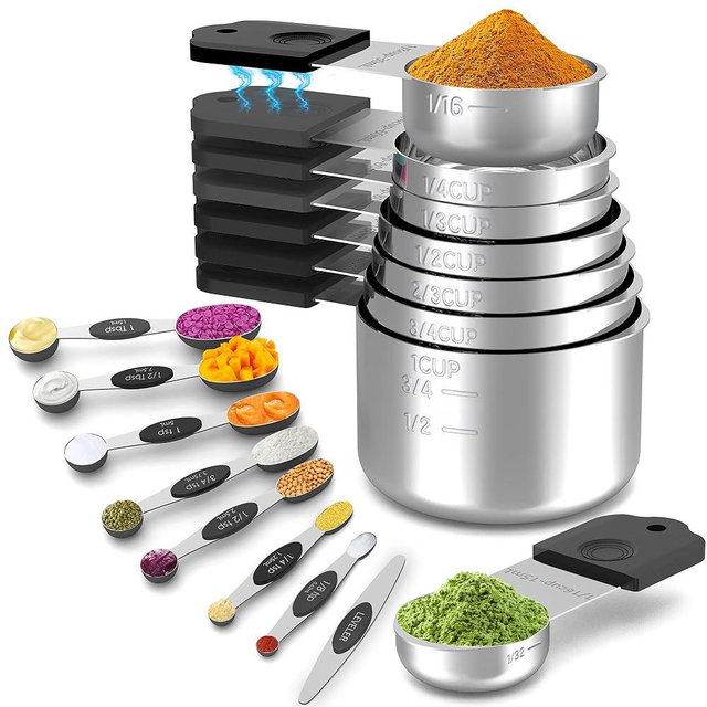 Minteem Magnetic Measuring Cups and Spoons Set, 8 Nesting Stainless Steel Measuring Cup Set with Easy to Read Markings, 8 Magnetic Measuring Spoons & 1 Leveler, Black