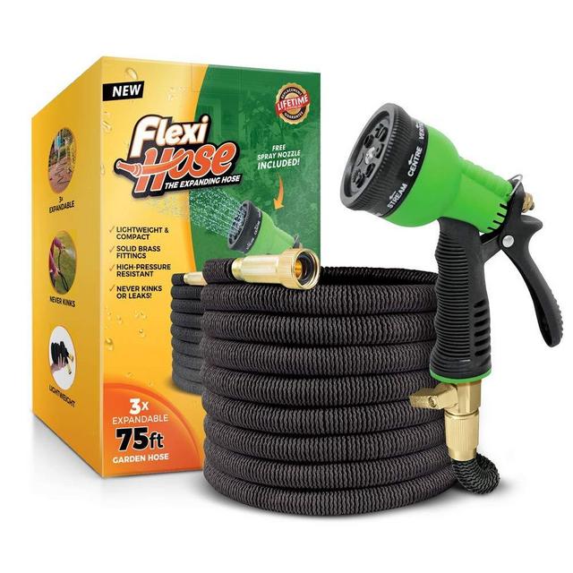 Flexi Hose with 8 Function Nozzle, Lightweight Expandable Garden Hose, No-Kink Flexibility, 3/4 Inch Solid Brass Fittings and Double Latex Core
