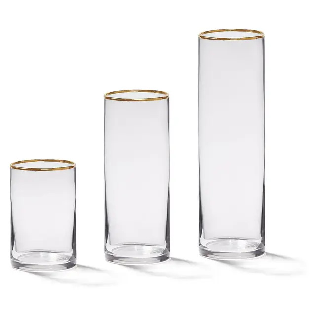 4E's Novelty Set of 3 Glass Cylinder Vases with Gold Rim – Elegant Centerpieces & Candle Holders