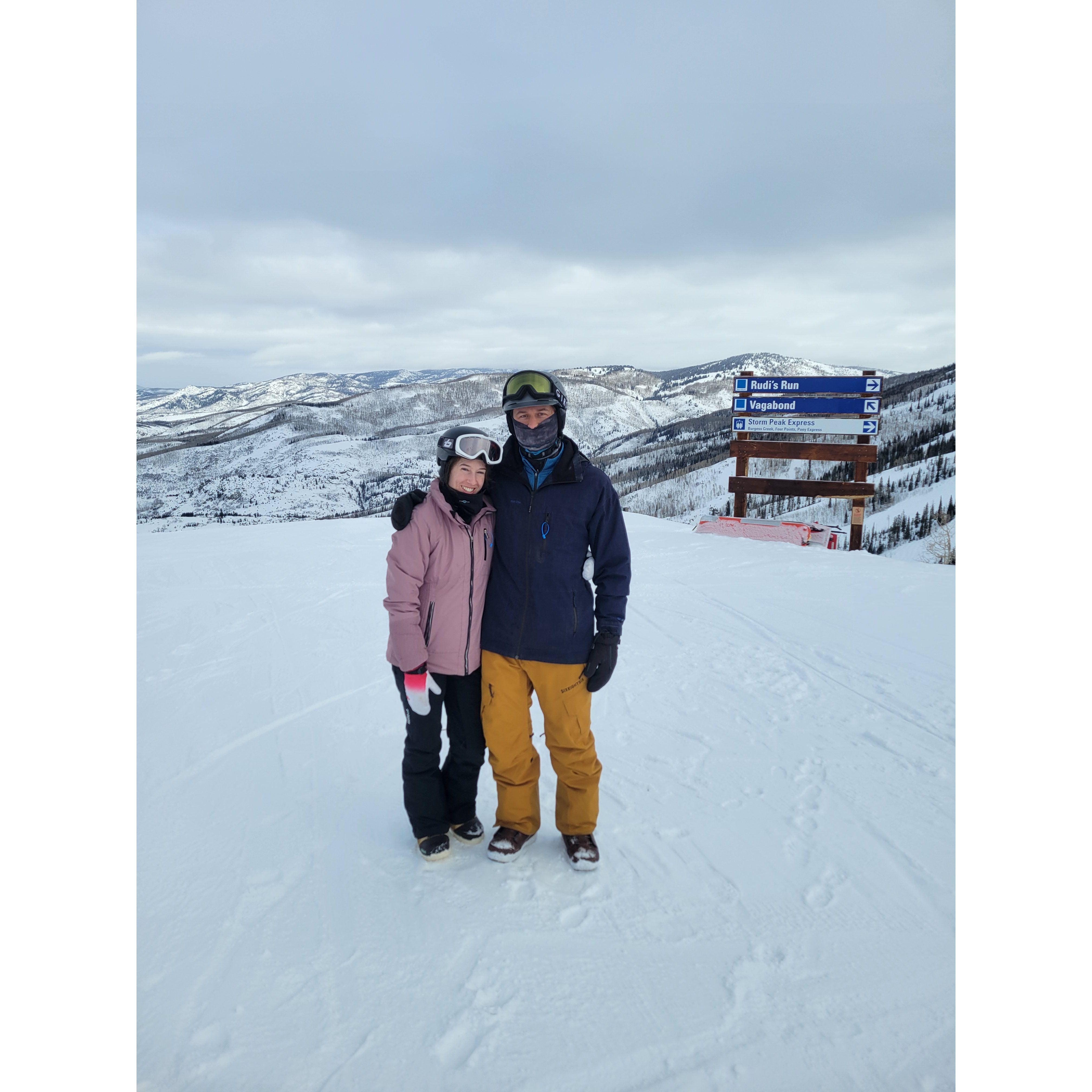 Quinn patiently taught Sarah how to snowboard in 2019. After too many falls to count, she still isn't quite fast enough to keep up with Quinn, but usually gets down the hill without hurting herself.