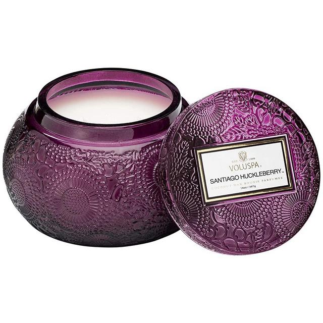 Voluspa Santiago Huckleberry Candle | 14 Oz. | 50 Hour Burn Time | Embossed Glass Chawan Bowl | Coconut Wax and Natural Wicks for a Cleaner Burn | Vegan