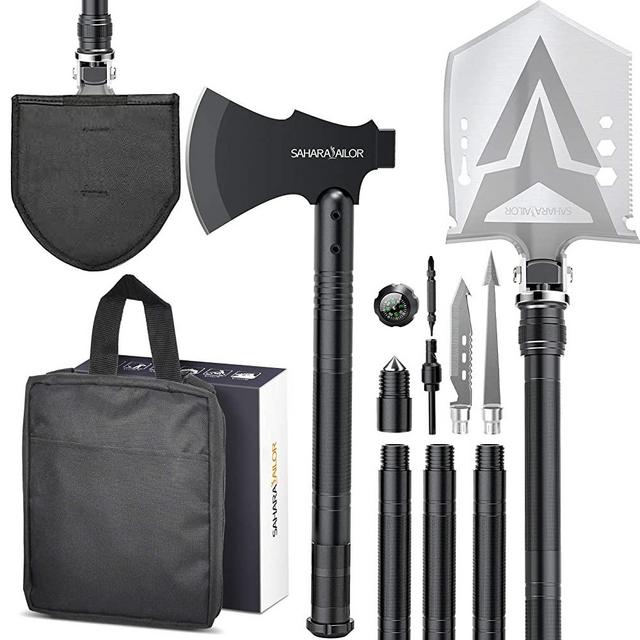 Sahara Sailor Survival Shovel with Axe, High Carbon Steel Tactical Shovel Camping Shovel Hatchet Combo - 4 Thicken Extension Handles, 20-39.5 Inch Survival Gear and Equipment for Hiking Camping