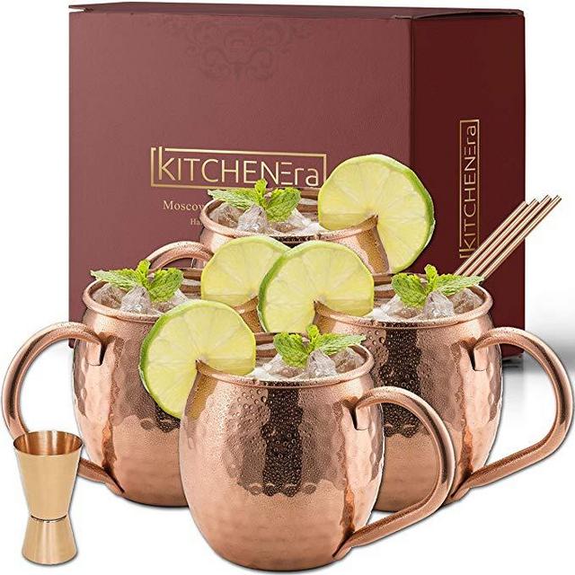 Moscow Mule Copper Mugs - 100% Copper HandCrafted Hammered Moscow Mule Copper Mugs Set of 4 - FREE Jigger - FREE Copper Straws