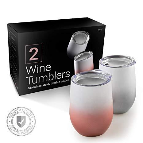 Wine Tumbler 12 oz Double-insulated Stemless Glass, 2 Sets Stainless Steel Tumblers Cup with Lids for Wine, Coffee, Drinks, Champagne, Cocktails