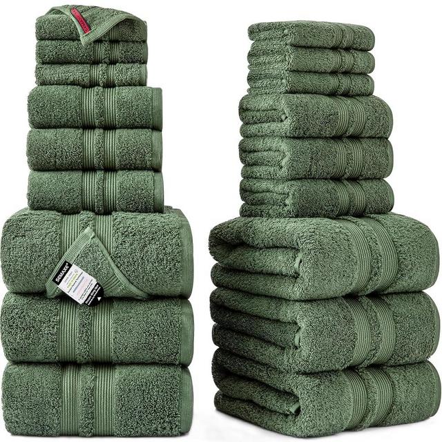 SEMAXE Solid 18-Piece Towel Set, Christmas Green, 600GSM 100% Cotton, 6 Each of Bath Towel, Hand, and Washcloths, Gift Box Packaging, Nano-Bio Lifecycle Label, Hanging Loop Design