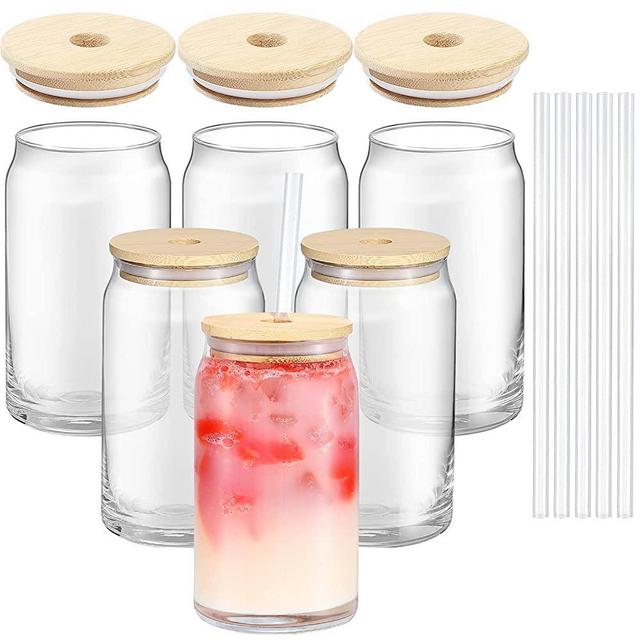 Drinking Glasses (16oz) with Bamboo Lids and Plastic Straw, Pack of 6 Heat Resistant Wide Mouth Juice Drinking Glasses Cups for Cold Beverages & Warm Drinks