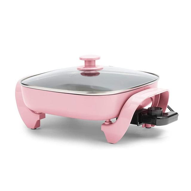 GreenLife Healthy Ceramic Nonstick, 12" 5QT Square Electric Skillet with Glass Lid, Dishwasher Safe, Adjustable Temperature Control, PFAS-Free, Pink