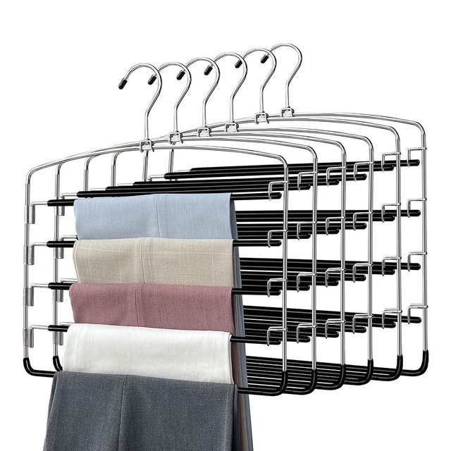 Pants Hangers 6 Pieces,5 Tier Closet Organizers and Storage Clothes Hangers,Hangers Space Saving with Swing Arm,Multiple Metal Hangers Clothes Organization for Pants Trousers Jeans Leggings Slacks