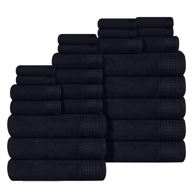 GLAMBURG Towels for Bathroom, 100% Cotton Towel Set, Contains 8 Soft Bath Towel, 8 Hand Towels, 8 Wash Cloths - Compact Absorbent Lightweight & Quickdry - 24 Piece Bathroom Towel Set - Black