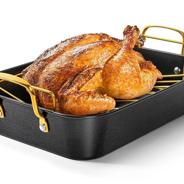 MICHELANGELO Roasting Pan with Rack, Carbon Steel Turkey Roasting Pan for Oven and Induction, Nonstick Turkey Roaster Pan with Stainless Steel Golden Rack & Golden Handle, 15 Inch x 11 Inch
