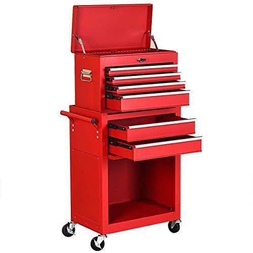 Goplus 6-Drawer Rolling Tool Chest Removable Tool Storage Cabinet with Sliding Drawers, Keyed Locking System Toolbox Organizer (Red)