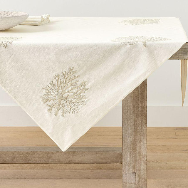 Coral Shimmer Embroidered Cotton Table Throw - White