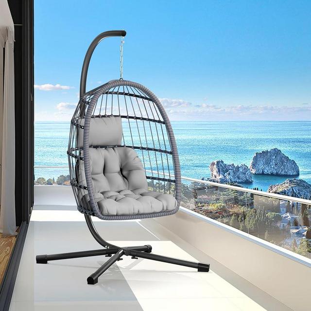 CHABATREE Egg Chair with Stand,Patio Rattan Wicker Hanging Swing Egg Chair Hammock Chair for Bedroom Porch Garden,Thickened Aluminum Alloy Steel Frame and UV Resistant Cushion,350LBS Capacity