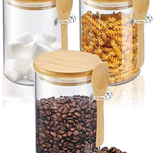 KOIKEY Coffee Sugar Container Salts Jars - 15oz Glass Airtight Caning with Bamboo Lids and Spoons Scoop, Storage Overnight Oats, Spice, Creamer, Food Organizer, Set of 3