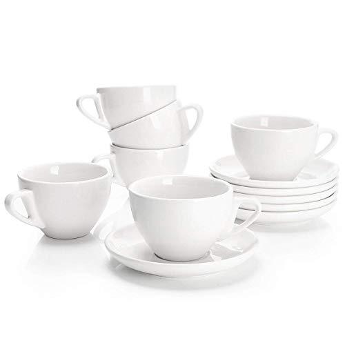 Sweese 403.001 Porcelain Cappuccino Cups with Saucers - 6 Ounce for Specialty Coffee Drinks, Latte, Cafe Mocha and Tea - Set of 6, White