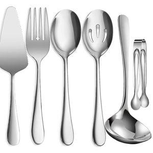 6 PCS Stainless Steel Serving Utensils, Large Serving Spoons Slotted Spoons, Forks, Ice Suger Tongs, Cake Server, Soup Ladle, Metal Utensils Set Great for Buffet Catering Banquet Party, Silver