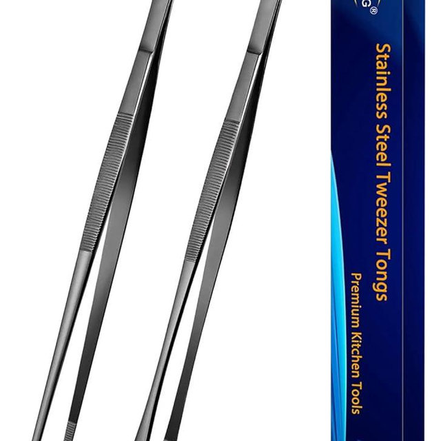 JETKONG 2 Pcs 10-Inch Kitchen Tweezers Tongs with Precision Serrated Tips, Stainless Steel Chef Tweezer Professional Cooking Tweezers for BBQ, Plating and Serving (10-Inch, Black)