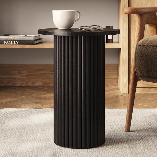 Round Fluted Accent Side Table - Pedestal Drink Table - Modern Home, Bedroom, and Living Room Furniture - Small Wooden Round End Table with a Solid Oak Base and Wood Veneer Top (Black Finish)