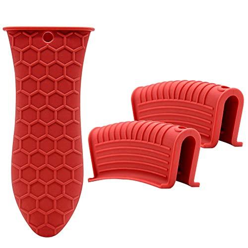 AHIW Silicone Hot Handle Holder Cover Set Assist Pan Handle Sleeve Pot Holders Cast Iron Skillets Handles Grip Covers Non-Slip Heat Resistant for Griddles Metal Frying Pans Aluminum Cookware (Red-M)