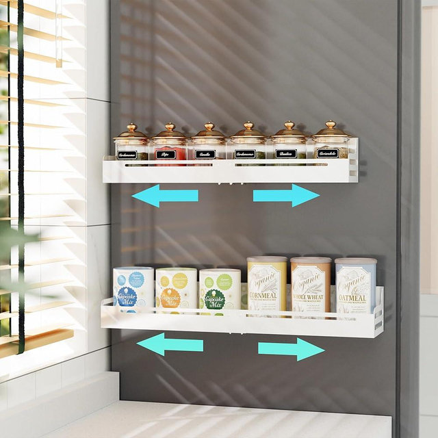 LOCVCDA Magnetic Spice Rack for Refrigerator, Expandable Magnetic Shelf for Fridge and Oven, Adjustable Metal Magnetic Spice Rack (2 Pack, White)