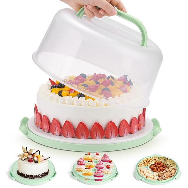 Cake Carrier with Lid and Handle, Cake Boxes Cupcake Containers for 10 inch Cake with 2 Handles Cupcake Holder, 3 in 1 Cake Transport Container for Cake Pie Muffin Pizza，Green Cake Stand Cupcake Boxes