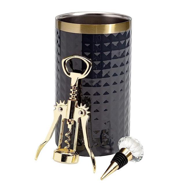 Paris Hilton Wine Bottle Chiller Set, Insulated Double Wall Chiller, Gold Winged Corkscrew Wine Bottle Opener, Diamond Wine Stopper, 3-Piece Set, Charcoal Gray