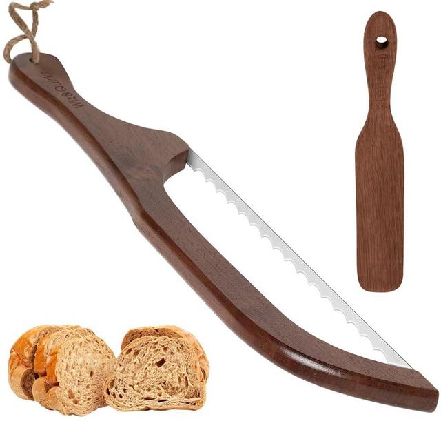 Wiz&Quirkz Bread Bow Knife with Cover and Wood Sourdough Spatula, Walnut Handle Stainless Steel Serrated Bread Knife for Homemade Bread, Long Bread Cutter Knofe, Bread Bow Saw Knife for Sourdough