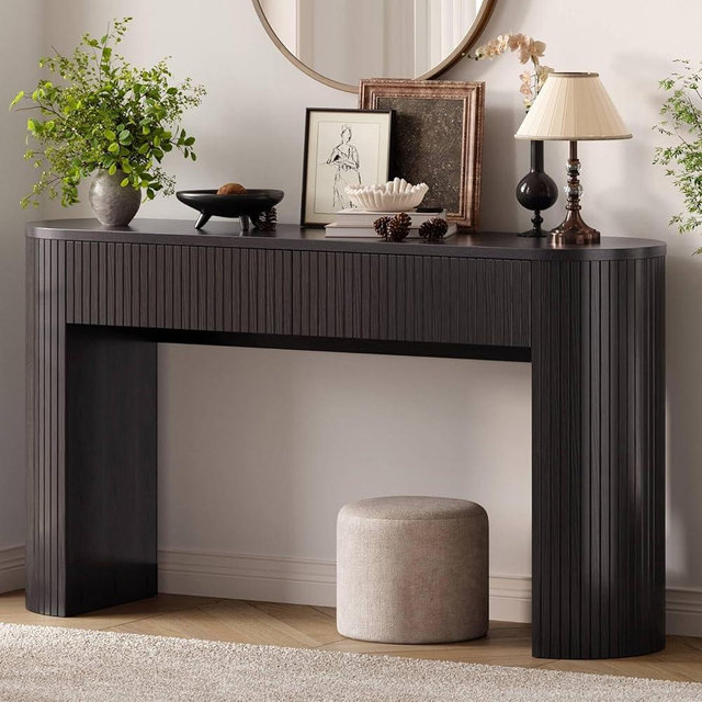 55 Inch Console Table with 2 Drawers, Fluted Entryway Tables with Storage, Sofa Table Behind The Couch, Hallway Tables, Mid-Century Modern Foyer Table for Entryway, Hallway, Living Room, Black