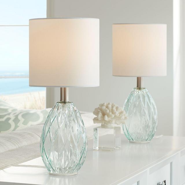 360 Lighting Modern Accent Table Lamps 17 1/2" High Set of 2 Diamond Blue Green Glass Fabric Drum Shade for Bedroom Bedside Office