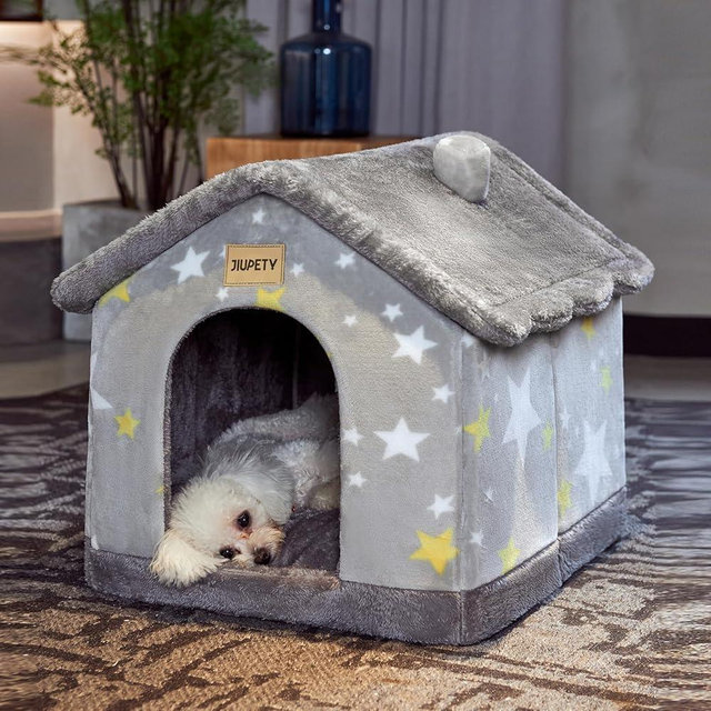 JIUPETY Cute Small Dog House Indoor, Foldable House Kennel Bed Mat with Cushion, L Size Dog Tent Up to 25 lbs, Dog Cave Bed with Non-Slip Bottom, Grey