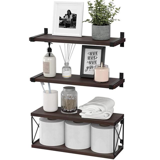 WOPITUES Floating Shelves Wall Mounted, Wood Bathroom Shelves with Extra Storage Shelf, Rustic Wall Shelves for Bathroom, Bedroom, Kitchen, Living Room, Plants - Carbonized Brown