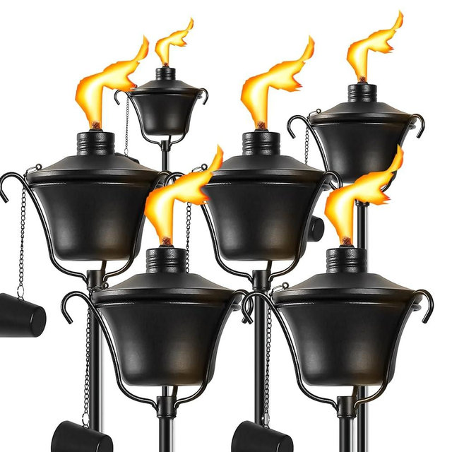 FALBAWR Citronella Torches Set of 6, 3-Prong Grounded Stake Outdoor Torches, 14.5 oz Garden Torches for Outside, 58 inch Outdoor Decorative Torch