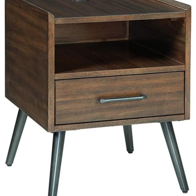 Signature Design by Ashley Calmoni Mid-Century Square End Table with 2 USB Charging Ports, Brown