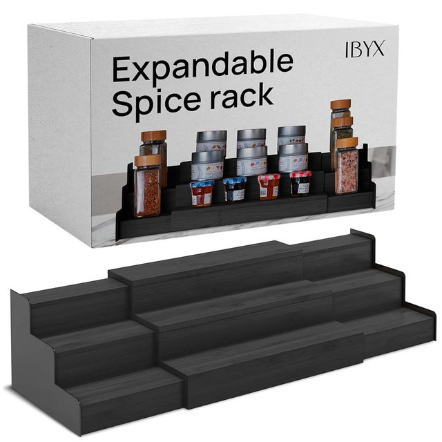 Ibyx Premium 3-Tier Spice Rack Organizer for Cabinet - Expandable Bamboo Spice Storage - Non-Skid Countertop Step Spice Shelf - Great for Kitchen Cabinet, Countertop, Cupboard, Pantry (Black)