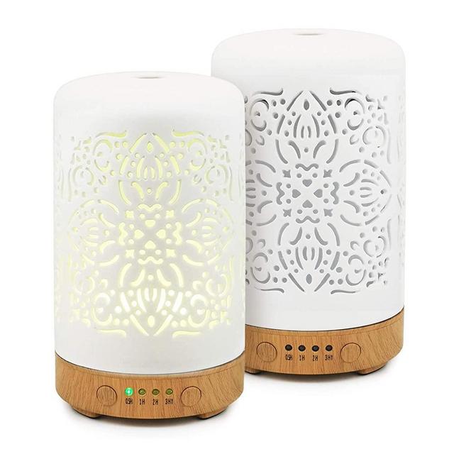 Earnest Living Essential Oil Diffusers Ultrasonic 100 ml White Ceramic Aromatherapy Diffuser with 4 Timer - Cool Mist Humidifier, 7 Colors LED Lights - Waterless Auto Shut off for Home Office Set of 2