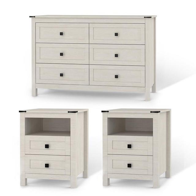 CATMIX Farmhouse Bedroom Set, 3 Pieces Bedroom Furniture Set, Rustic Wood 6 Drawer Dresser and Nightstands, Chest of Drawers Wide Storage Organizer Cabinet for Bedroom