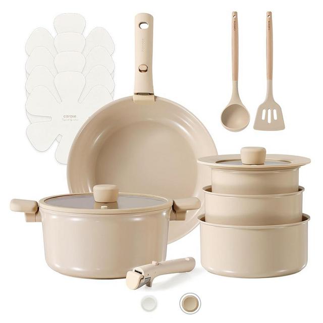 CAROTE 15pcs Ceramic Cookware Set, Pots and Pans Set Non Stick, Induction Kitchen Casserole Sets, Non Stick RV Cookware Set with Detachable Handle, Dishwasher/Oven Safe Cookware Set, Taupe