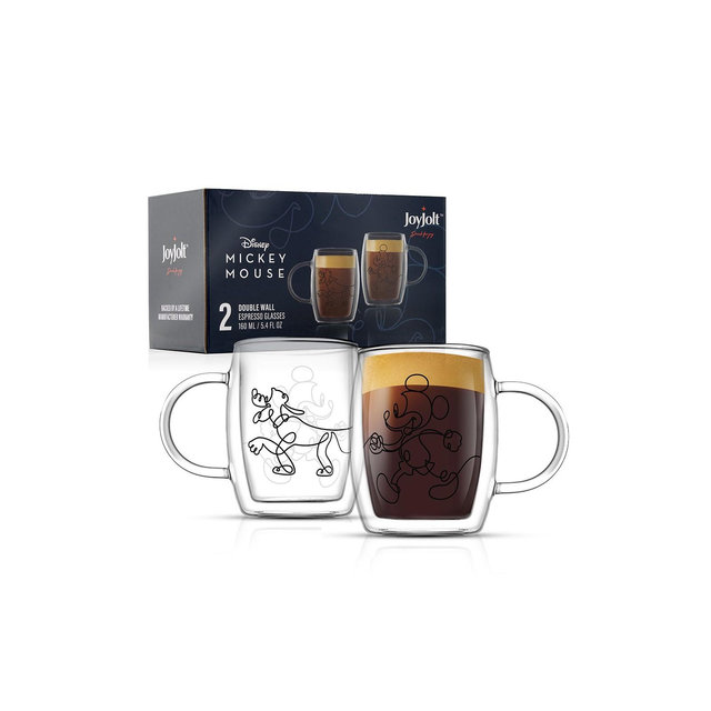 JoyJolt Disney Mickey and Pluto Glass Mugs - Set of 2 Double Wall Tea Glass Coffee Cups - 5.4 oz