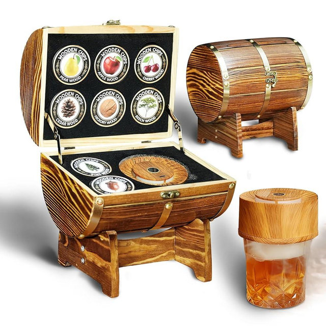 HOMEHELP Whiskey Smoker Kit - Electric Cocktail Smoker with Wooden Barrel Case and 8 Flavors Wood Chips, Old Fashioned Smoker Kit Bourbon Gifts for Men