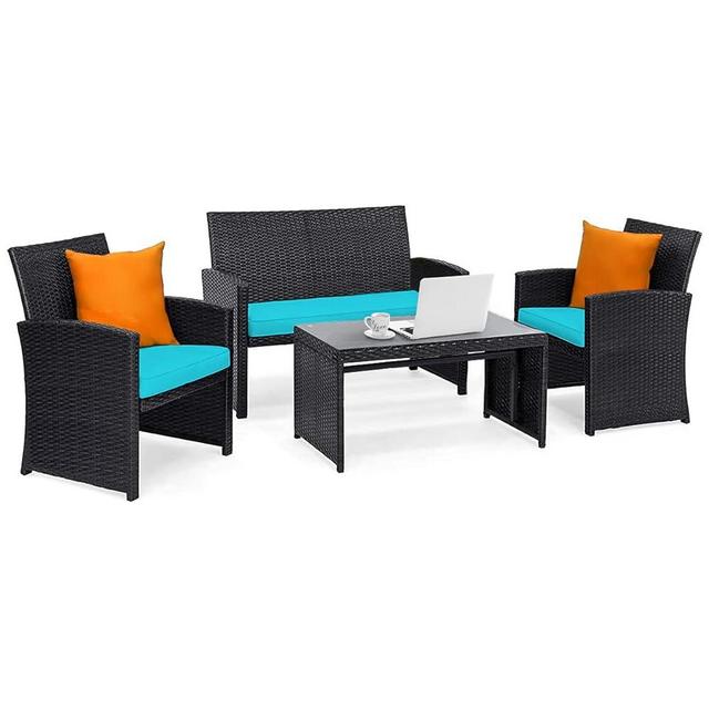 Tangkula 4 Pieces Patio Wicker Conversation Furniture Set, Patiojoy Sofa & Table Set w/4 Seats, Outdoor Rattan Sofa Set for Balcony Backyard, Wicker Chair Set with Tempered Glass Coffee Table