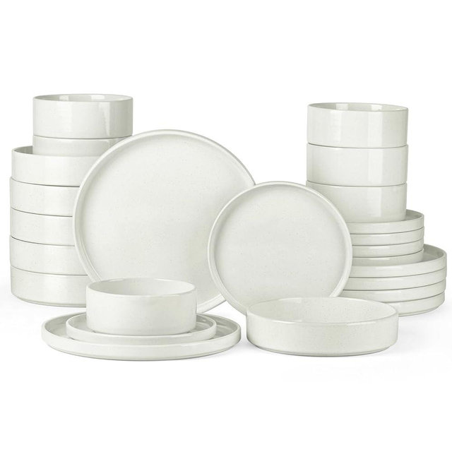 Onader 24 Piece Dinnerware Sets with Pasta Bowls for 6, Stoneware Plates and Bowls Dish Sets, Ceramic Speckled Dinner Dishware for Kitchen Dining, Microwave & Dishwasher Safe - Cloud White