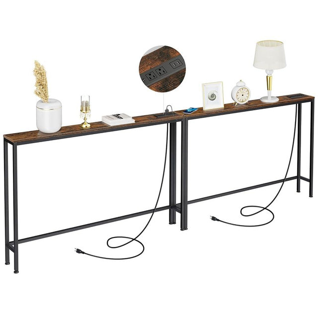 ManGuish 2 Pack Console Sofa Table with Power Outlets, 94.4" L x 5.9" W x 31.8" H Long Couch Table with Metal Frame and Charge Station with Extension Cord, Behind Couch Table, Rustic Brown