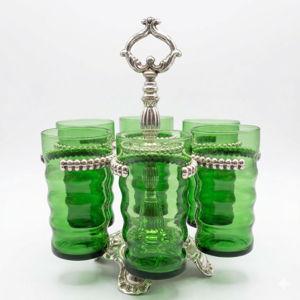 MCM Silver Plated Drink Caddy - 6 Emerald Green Glasses