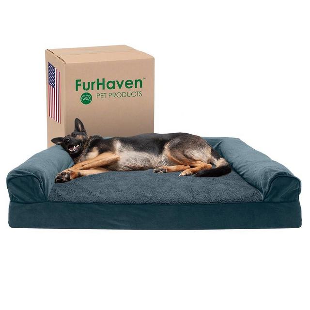 Furhaven Cooling Gel Dog Bed for Large Dogs w/ Removable Bolsters & Washable Cover, For Dogs Up to 125 lbs - Sherpa & Chenille Sofa - Orion Blue, Jumbo Plus/XXL