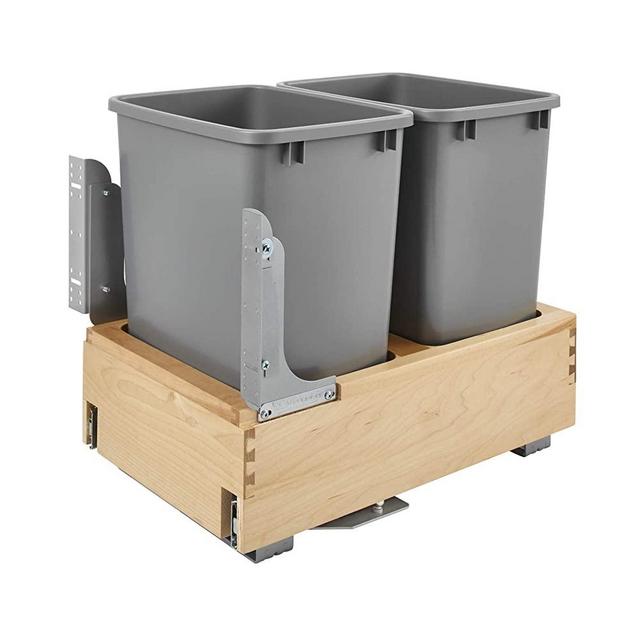 Rev-A-Shelf 4WCBM-18DM-2 Double 35-Quart Maple Bottom Mount Pullout Waste Container Trash Cans with Soft Open & Close Slide System, Silver