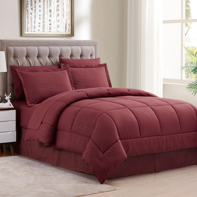 8 Piece Embossed Dobby Stripe Bed In A Bag Set - Queen, Burgundy