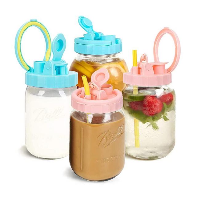4 Pack Wide Mouth Mason Jar Lids, Flip Cap Drinking Top Lids with Straw Hole, Airtight Seal Leak-proof (Canning Jars Not Included)