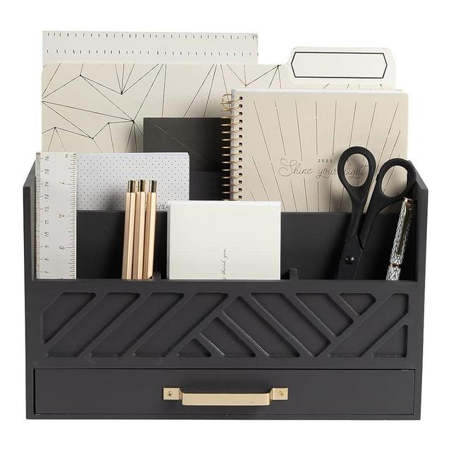 BLU MONACO Grey Wooden Desk Organizer with Drawer and Gold Handle - Perfect Office Desk Accessories and Workspace Organizers for Home Office Organization - Desktop Mail Organizer - Office Supplies