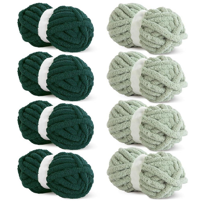 HOMBYS Chunky Chenille Yarn for Crocheting, Super Bulky Jumbo Yarn for Hand Knitting, 3/4" Thick Soft Plush Yarn for Blankets, 8 Skein Pack (27 yds / 8 oz Each), Multi Assorted Sage Dark Green
