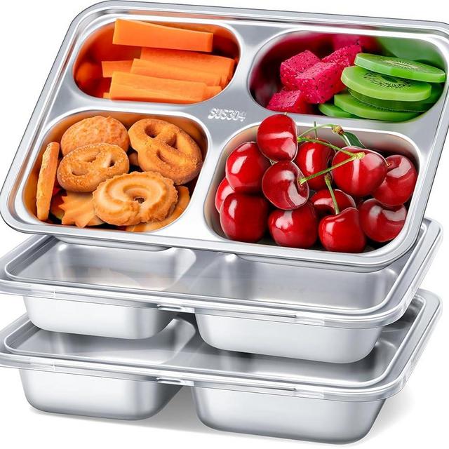 Stainless Steel Snack Containers with Lids - 3 Pack - 4 Compartments Bento Snack Boxes - Reusable Meal Prep Lunch Containers for Kids Adults - Divided Food Storage Containers for School Home Travel